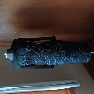 Maggy London fitted lace over sheer top dress